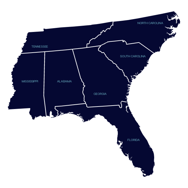 Map of the Southeast US